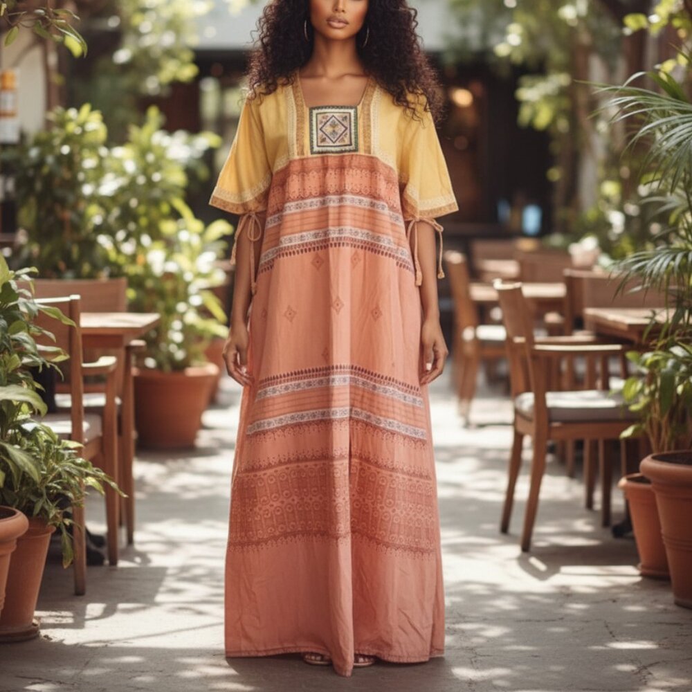 EGYPT Kaftan Maxi Dress XL Nightgown Batik Embroidered Egyptian Loungewear - Picture 15 of 15